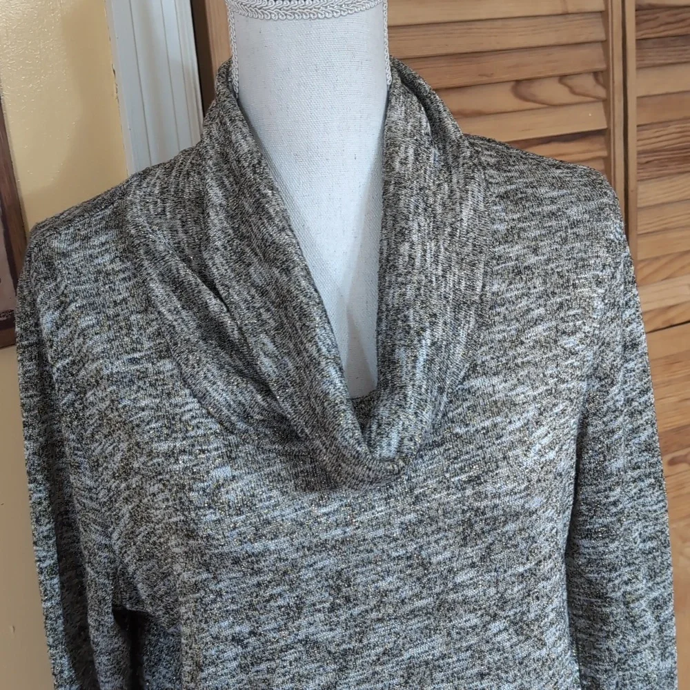 Chico's 2 Multitone Black Heathered Gold Metallic Cowl Neck Sweater Hi-Low L